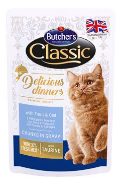 Butcher’s Cat Class.Delic.Dinn.pstruh+treska kapsa100g